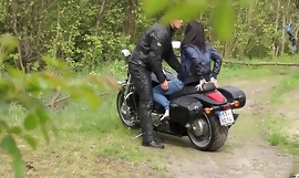Bulky Biker Stretches Brunette's pussy outdoors