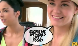 Two sultry chicks organized lesbian triplet roughly hammer away hostel room